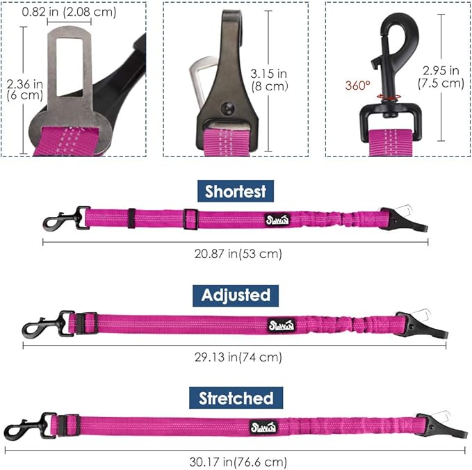 SlowTon Dog Seat Belt, Adjustable Dog Safety Belt Leash, 2 in 1 Latch Bar Attachment Dog Car Seatbelt with Elastic Nylon Bungee Buffer, Reflective Nylon Belt Tether (FU)