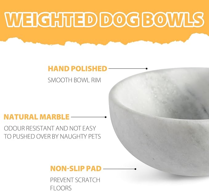 White Marble Dog Bowl - Non-Slip, Non-Tipping, Heavy Duty for Large Dogs - African Natural Stone Water and Food Bowl, Holds 4.6 Cups (7.5lbs)