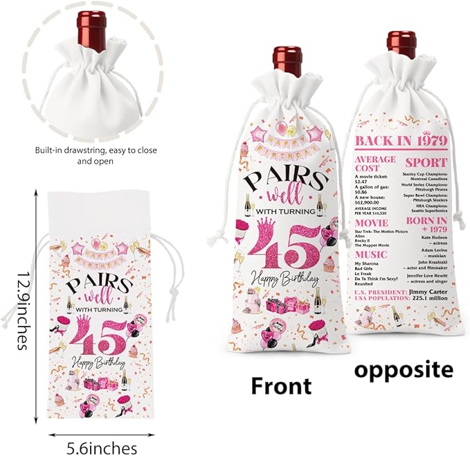 45th Birthday Gifts for Women Men Wine Bag, 45 Year Old Birthday Gifts for Men, 45th Birthday Party Decorations for Women Men, Pairs Well with Turning 45 Wine Bags (White Pink)