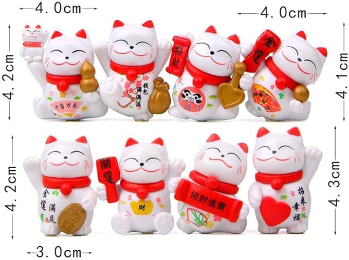 8 Pcs Cute Lucky Cat Figures, Animal Cat Characters Toys Mini Figure Collection Playset, Cat Toys Set Cake Toppers, Plant, Automobile Decoration, Landscape Scenes