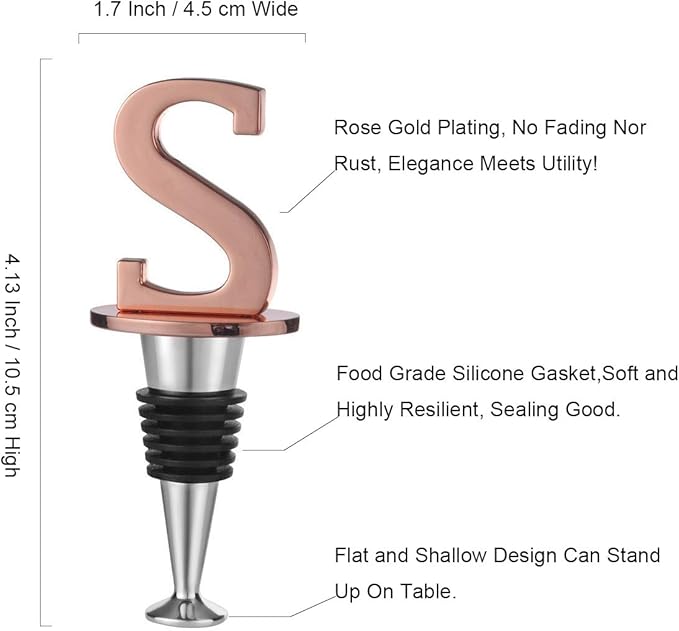 Miicol Wine Stoppers for Wine Bottles Toppers, Monogramm Cute Wine Accessories Gifts for Family Friends Women or Engagement Decorative, First Name Initial Letter S, Rose Gold