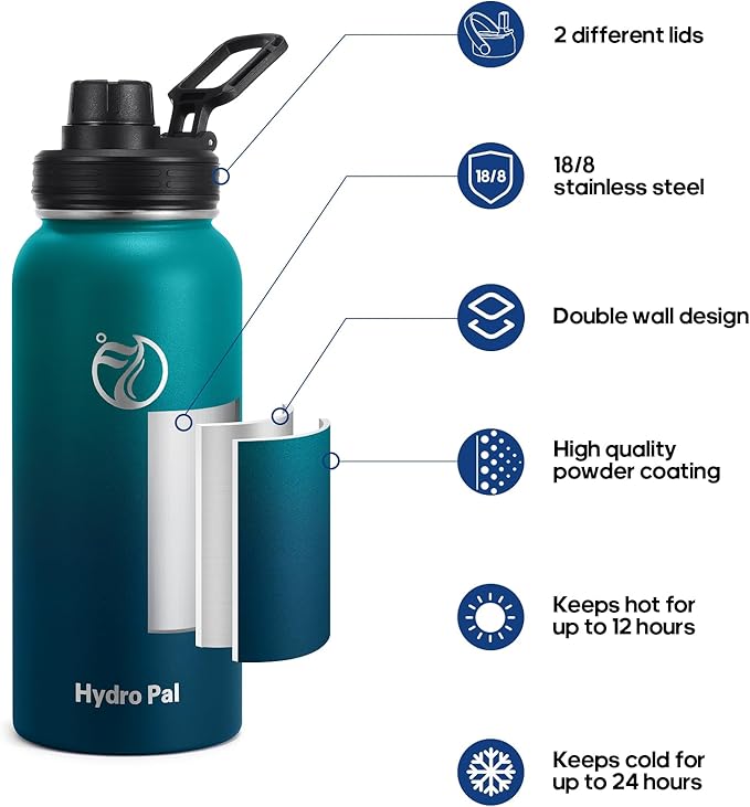 HydroPal Insulated Water Bottles 32 oz with 2 Leak Proof Lids & Water Bottle Holder, Wide Mouth Sport Water Bottle with Straw, Reusable Stainless Steel Water Flask, Double Walled Vacuum Thermos
