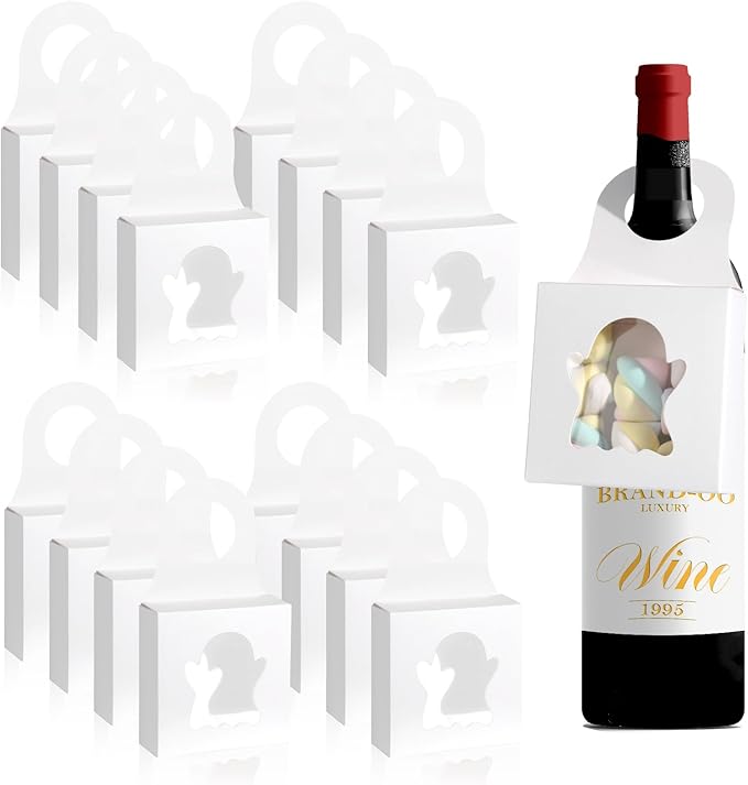 Megitzuu 30PCS Wine Bottle Box with Window, Kraft Paper Wine Boxes for Halloween Gifts Hanging Pumpkin Treat Box Mini Charcuterie Boxes Wine Bottles Gift Bags Goodies Candy Box Party Favor (White)