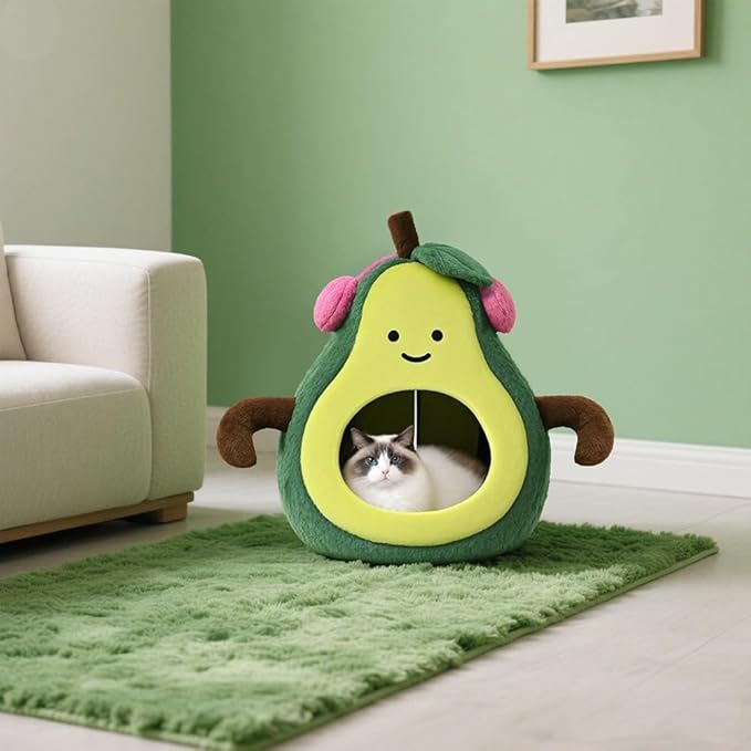 Cute Cat Beds for Indoor Cats, Small Dog Beds, Soft Washable Pet Beds for Kitten and Puppy, Funny Avocado Cat Cave, 19 Inches