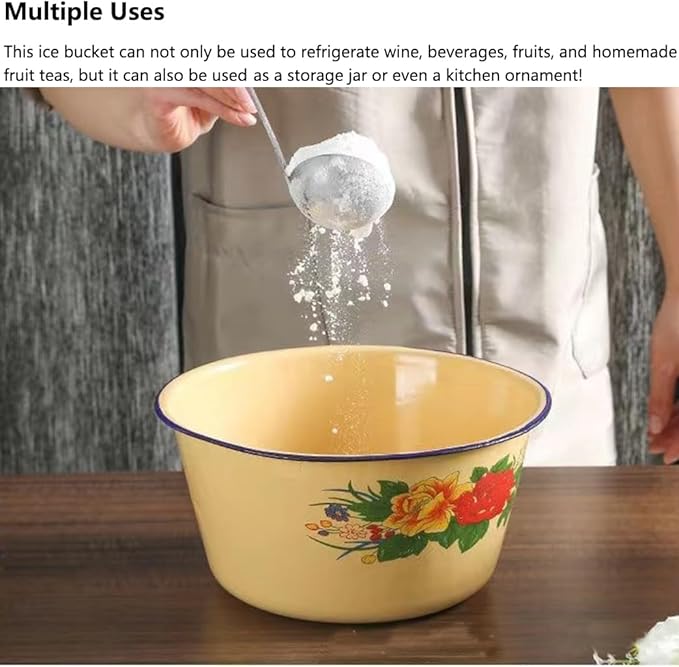 Ice Bucket 3 PCS(2.8L, 4.6L, 6.6L), UNOSCHRIM Retro Style Enamel Ice Tub in Beach Parties, Fruit Ice Bucket with Lid, Versatile Bottle Drink Cooler for Champagne, Wine, Beer or Whiskey