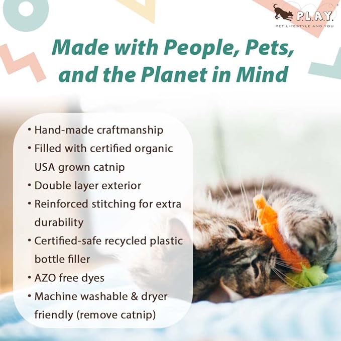 P.L.A.Y. Cute Cat Toys - Feline Frenzy Fruit & Vegetable Food Themed Catnip Filled Toy, Great for Adult Cats and Kittens - Machine Washable, Recycled Materials, Crinkles (Farm to Tabby, Set of 3)