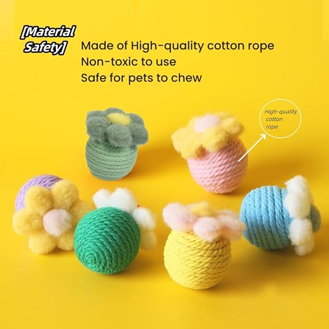 6Pcs Cactus Cat Toy Balls Cotton Rope Pet Scratching Assorted Colored Cat Rope Balls Chew Eco-Friendly Toy Pets Interactive Toy Cat Toys (Assorted Colored, 6pcs)