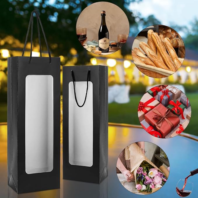 ALMOXVYE 34 Pack Wine Gift Bags with Handles, 14.2 x 4.9 x 3.4 Inch Paper Wine Bottle Bags with Clear Window, Black Wine Bags Bulk for Christmas Wedding Birthday Anniversary
