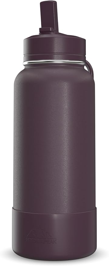 Hydrapeak 32oz Sport Insulated Water Bottle with Straw or Chug Lid, Leak & Spill Proof, Keeps Drinks Cold for 24 Hours, Hot for 12 Hours, Premium Stainless Steel Water Bottles (32oz, Midnight Plum)