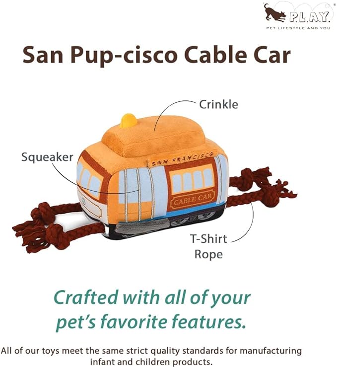 P.L.A.Y. Cute Plush Dog Toys - Canine Commute, Travel Themed Durable Squeaker Chew Toy, Great for Puppies & All Size Dogs - Machine Washable, Recycled Materials (San Pup-cisco Cable Car)