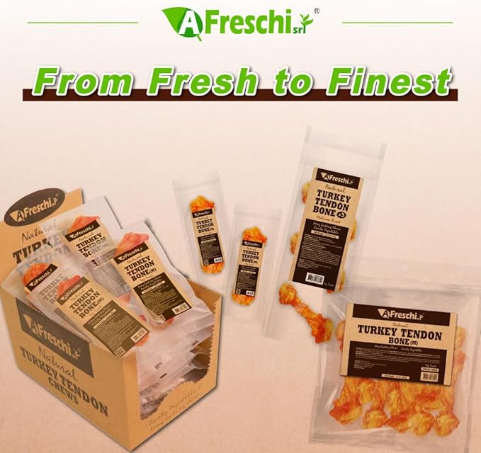 AFreschi Turkey Tendons for Dogs, USA-Sourced, Healthy Dog Treats, Rawhide-Free Puppy Chews, Long Lasting, All Natural, Hypoallergenic Dog Treats for Medium Breeds, 10 oz Pack Bone (M)