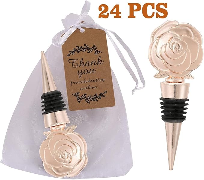 24PCS Wine and Beverage Rose Stopper Rose Gold Bottle Stoppers Keep Wine Fresh Holiday Party,Wedding Birthday Party Decor Wine Stoppers Wine Lovers Funny Gifts(24,Opp Rose Stopper)
