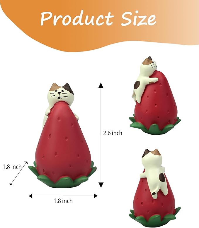 Cute Miniature Cat Figurine Resting on a Strawberry Resin Mini Cat Figures, Kitten Miniature Desk Accessories - Perfect Cute Cat Gift for Cat Lovers