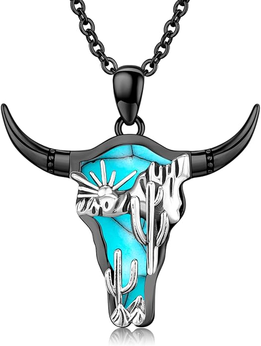 Midir&Etain Western Necklace 925 Sterling Silver Turquoise Pendant Cow Skull/Hat/Tag/Cactus Cowgirl Country Jewelry for Women Men
