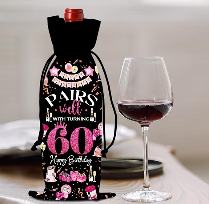 60th Birthday Gifts for Women Men Wine Bag, Cool Gifts for 60 Year Old Woman, 60th Birthday Party Decorations for Woman Men, Pairs Well with Turning 60 Wine Bags (Black Pink)