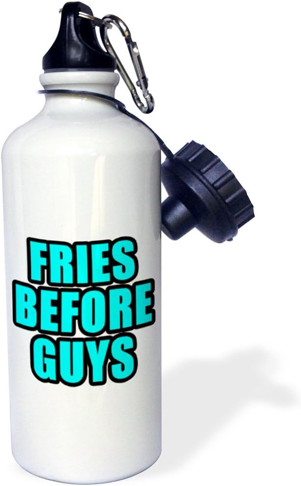 3dRose "Fries Before Guys Aqua" Sports Water Bottle, 21 oz, White