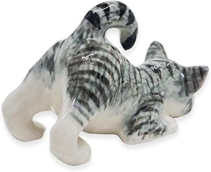 WitnyStore Tiny 2⅛" Gray White Tabby Shorthair Cat Bending Down Figurine - Miniature Hand Made Painted Ceramic Cats Kitten Feline Animal Cute Porcelain Decorative Collectible Figurines Décor Gifts