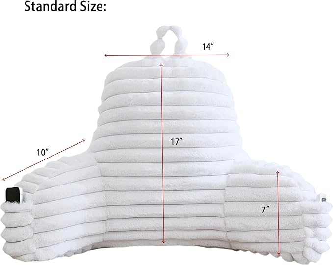 WERDIM Reading Pillow for Sitting in Bed, Faux Fur Back Pillow for Bed Rest, Bed Chair Pillow with Arms and Pockets(Standard, White)