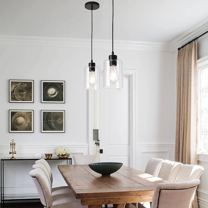 Modern Black Farmhouse Clear Glass Cylinder Pendant Light Fixture,Island Lights for Kitchen,Mini Pendant Lighting for Kitchen Island Decor - 4.75 Inch Shade, 2-58 Inch Cord(1 Pack)