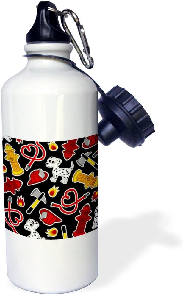 3dRose Cute Fireman-Firefighter Love Pattern Black-Sports Water Bottle, 21oz , Multicolored