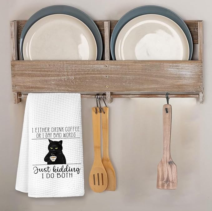 Coffee Kitchen Hand Towels - Black Cat Dish Towels, Bar Accessories Decor, Housewarming Gift for Cat Lovers, 'I Either Drink Coffee or I Say Bad Words' 16x24