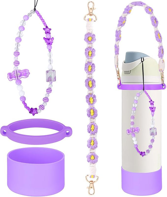 Mity rain Water Bottle Accessories Set for Owala, Including Water Bottle Handle Strap, Charms,Bohemian Style Personality and Easy to Carry (Purple, 24oz)