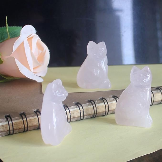2‘’ Hand Carved Crystal Gemstone Rose Quartz cat Figurine Animal Carving Statue Home Decor