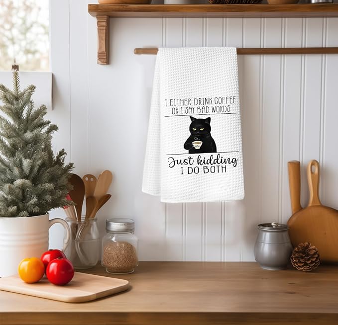 Coffee Kitchen Hand Towels - Black Cat Dish Towels, Bar Accessories Decor, Housewarming Gift for Cat Lovers, 'I Either Drink Coffee or I Say Bad Words' 16x24