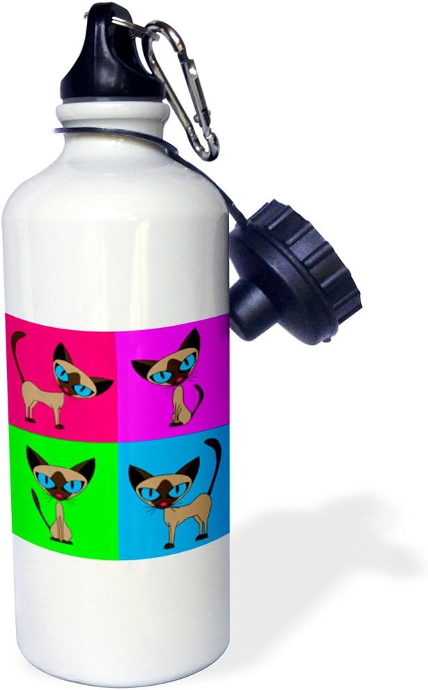3dRose Siamese Cat Four Attitudes Design-Sports Water Bottle, 21 oz, White