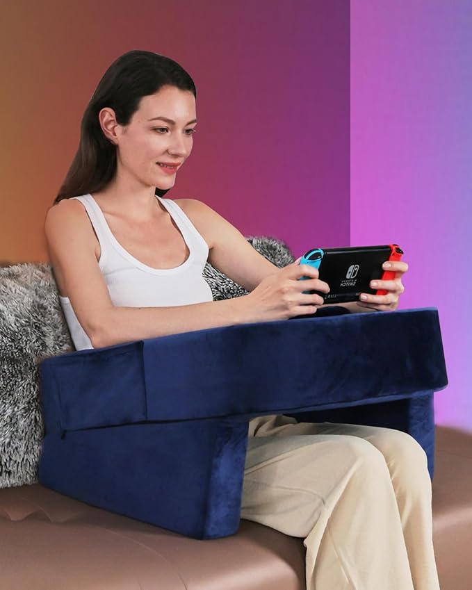 Weighted Idea Reading Pillow for Gaming, Meduim Gaming Pillow for Adult，Table Pillow with 2 Side Pockets for Gaming, Reading, Working Sitting in Bed Floor Sofa (Blue)