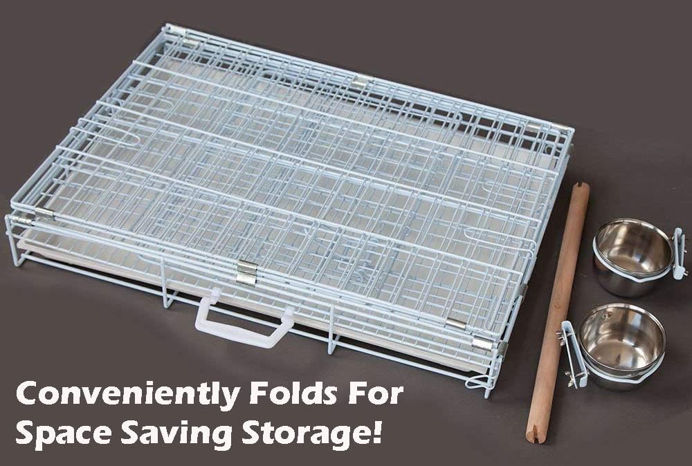 Large Portable Durable Metal Travel or Veterinary Easy Collapsable Parrot Bird Carrier Beaks Proof Carrier Cage Easy Clean Pull Out Tray Stainless Steel Feeder Bowls Natural Wooden Perch