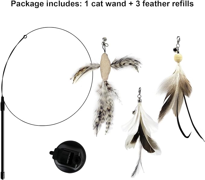 TTcat Cat Wand Toys with Suction Cup, Interactive Bird Simulation Cat Toy Set,Cat Teaser Cat Toys,Flexible Steel Wire and 3Pcs Replacement Feather Refills with Bells.