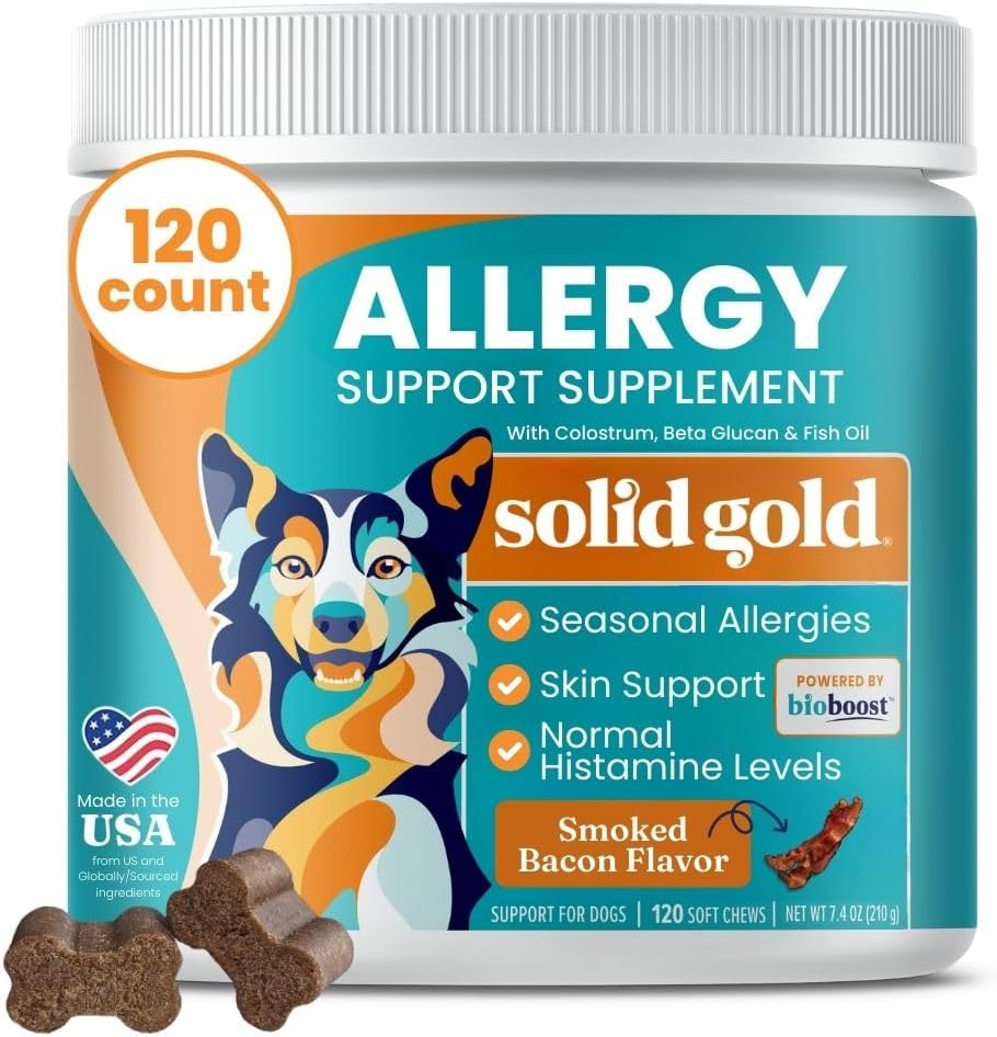Solid Gold Dog Allergy Relief Chews - Dog Itching Skin Relief & Seasonal Allergies Support - Alaskan Salmon Oil for Dogs Skin, Coat & Immune Support - Bacon Flavor Soft Allergy Chews for Dogs -120ct