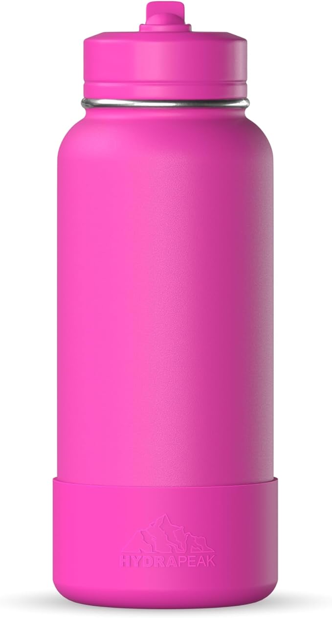 Hydrapeak 32oz Sport Insulated Water Bottle with Straw or Chug Lid, Leak & Spill Proof, Keeps Drinks Cold for 24 Hours, Hot for 12 Hours, Premium Stainless Steel Water Bottles (32oz, Fuchsia)
