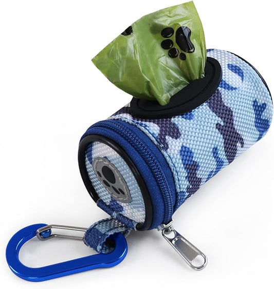 Dog Poop Bag Holder for Leash Doggie Waste Bag Dispenser Puppy Potty Carrier Small Doggy Zipper Pouch with Carabiner Clip 1680D Nylon Oxford with 1 Roll of Pet Trash Bags, Sky Blue Camo
