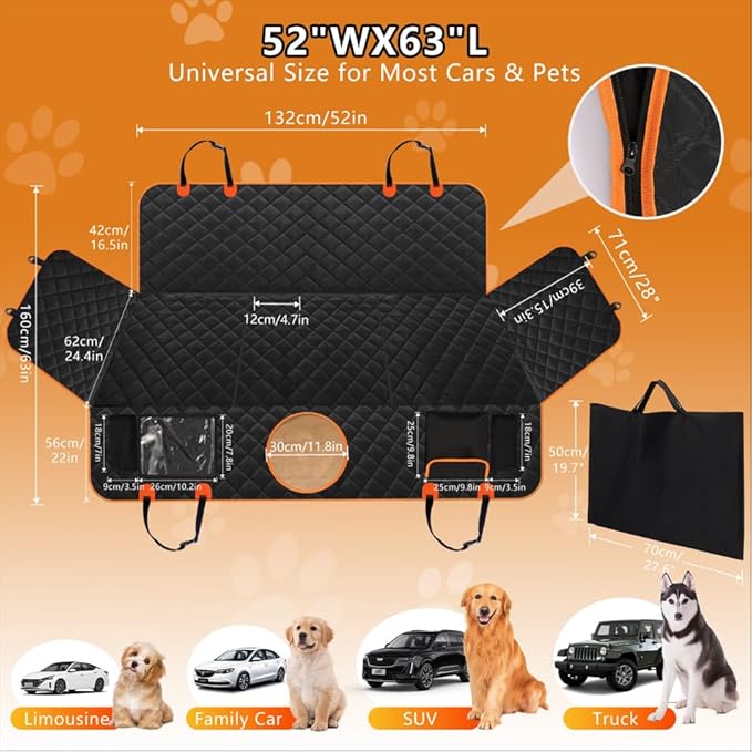 Dog Car Seat Cover for Back Seat, Hard Bottom Back Seat Extender for Dogs, Holds 420lbs, Waterproof Pet Hammock Protector, Thick and Durable Dog Seat Cover for Truck, Car, SUV-Black