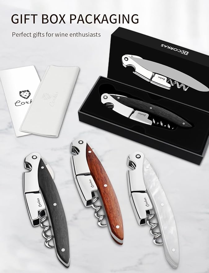 Wine Key - CORKAS Prestige Waiter Corkscrew with Ebony Handle, Handcrafted Wine Opener Manual with Double Hinged, Foil Cutter and Bottle Opener, Ideal Gifts for Sommelier, Bartenders, Servers