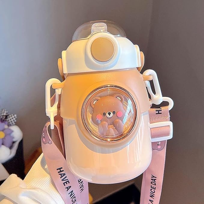 Kawaii Water Bottle with Straw,Travel Cute Water Bottles with Adjustable Strap Leak Proof BPA Free Wide Mouth Water Cup with Lid for Girls(Brown)