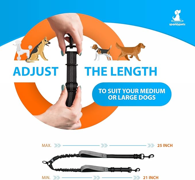 SparklyPets Double Dog Leash for 2 Dogs – Rope Bungee Dual Leash for Medium and Large Breeds with Padded Handles & Tangle Free (Gray Coupler, Medium/Large)