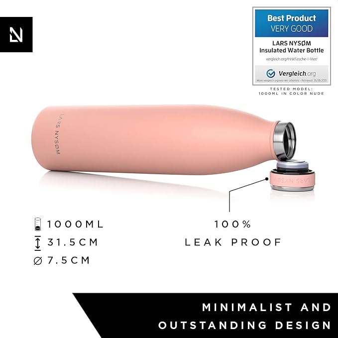 LARS NYSØM Stainless Steel Insulated Water Bottle 12oz 17oz 25oz 34oz 51oz | BPA-free Insulated Thermo Flask for Hot and Cold Beverages | Leakproof Drinking Bottle (Nude, 34oz)