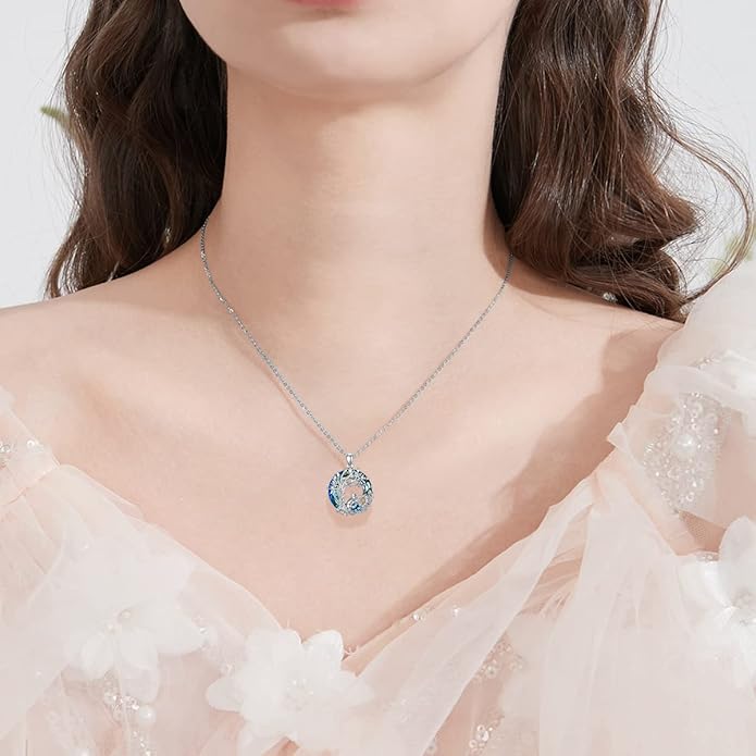 TOUPOP Cat Gifts for Cat Lovers Sterling Silver Cute Cat Tree of Life Pendant Necklace with Blue Circle Crystal Birthday Christmas Jewelry Gifts for Women