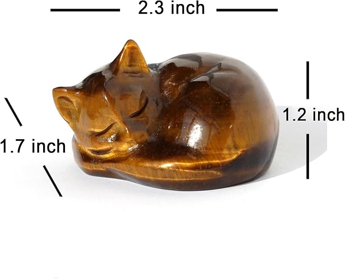 OwMell Tiny Sleeping Cat Statue Hand-Carved Healing Stone Gemstone Little Kitten Statue Figurine 2" - Tigers Eye Sleeping Cat