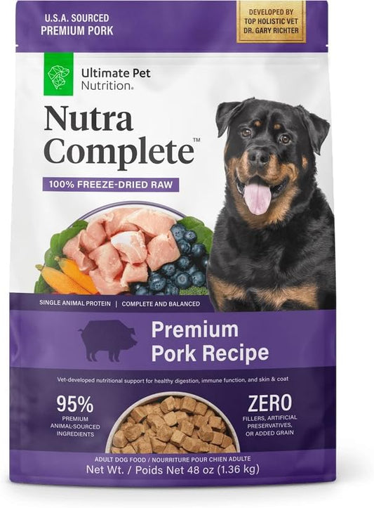 ULTIMATE PET NUTRITION Nutra Complete Freeze Dried Raw Dog Food, Veterinarian Formulated with Antioxidants, Prebiotics & Amino Acids (3 Pound, Pork)