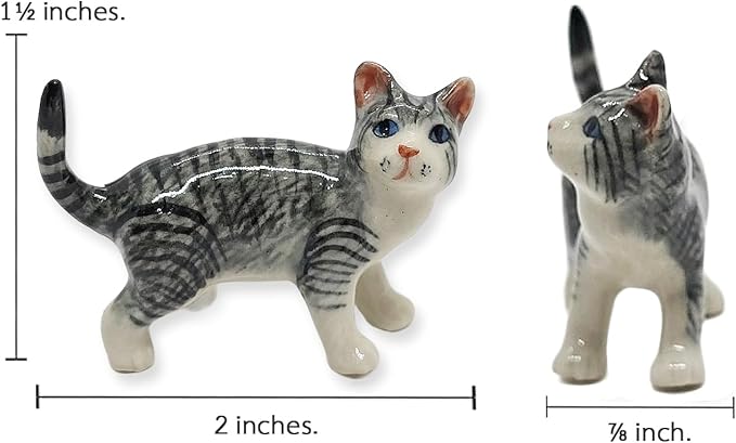 WitnyStore Tiny 2" Long Gray White Tabby Cat Standing Look Right Figurine - Miniature Hand Made Painted Ceramic Cats Kitten Feline Animal Cute Porcelain Decorative Collectible Figurines Décor Gifts