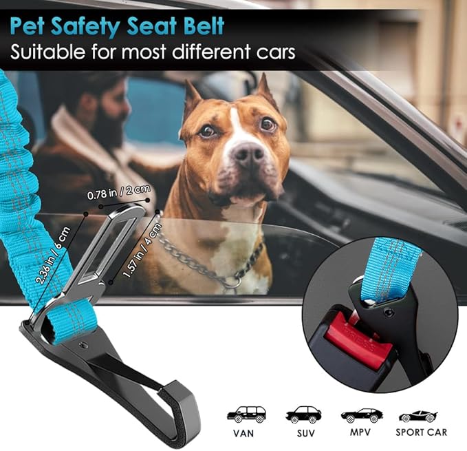 SlowTon Dog Seat Belt, Adjustable Dog Safety Belt Leash, 2 in 1 Latch Bar Attachment Dogs Car Seatbelt with Elastic Nylon Bungee Buffer, Reflective Nylon Belt Tether Connect to Dog Harness (Blue)