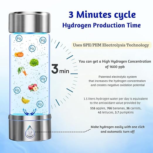 Hydrogen Water Bottle - Ionized Water Machine - Portable, Rechargeable, 450 ml with SPE/PEM Technology - Hydrogen Rich Water, 1600 PPB in 3 Minutes of Quick Electrolysis