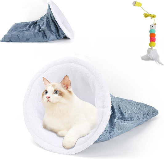 Cozy Cat Winter Sleeping Bag - Self-Warming 360 Wrap Cave Bed, Soft Plush Large Sack for Indoor Cats (B)
