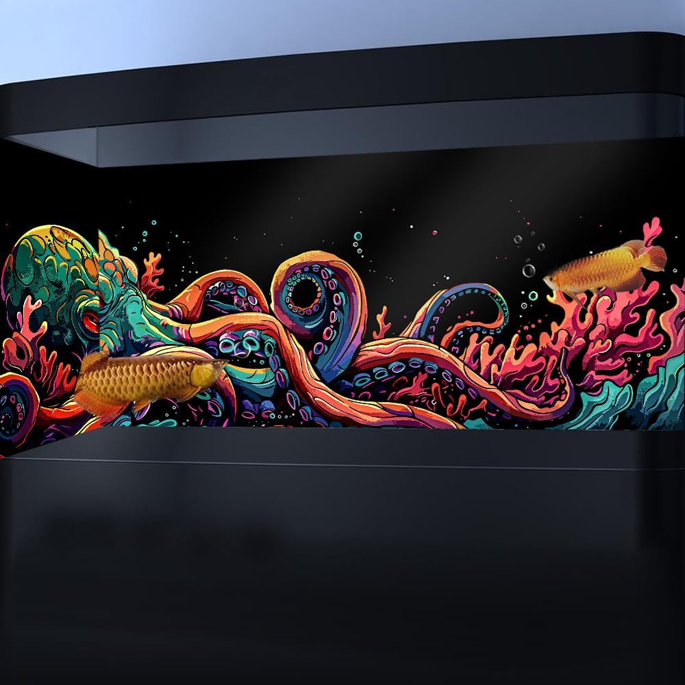 36X18IN Blacklight Octopus Sea Monster HD 3D Black Light Aquarium Background UV Reactive Background Terrarium Background with 10 EVA Double-Sided Tape