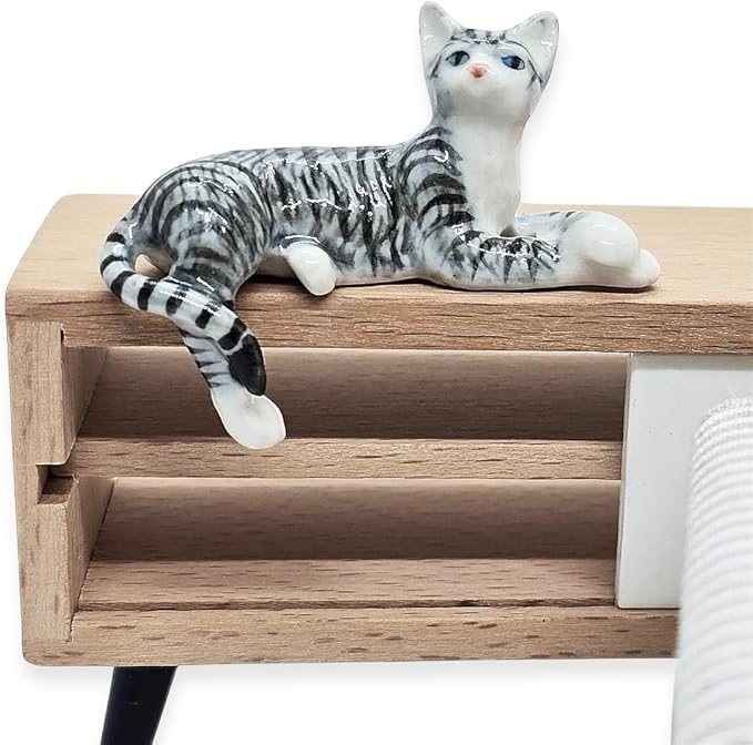 WitnyStore Tiny 2" Gray White Tabby Shorthair Cat Lying Cross Paws Hang Leg Figurine - Miniature Hand Made Ceramic Cats Kitten Feline Animal Cute Porcelain Decorative Collectible Figurines Décor Gifts