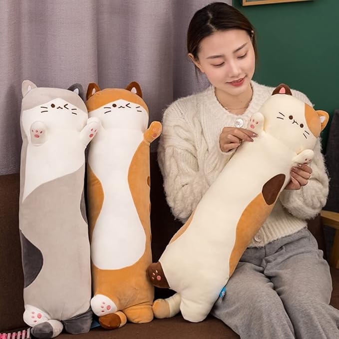 Long Plush Toy Cat Pillow Cute Plush Cat Toy Doll Stuffed Animal Cat Hugging Pillow for Sleeping Gift for Kids and Girls(Beige, 90cm/35.4in)